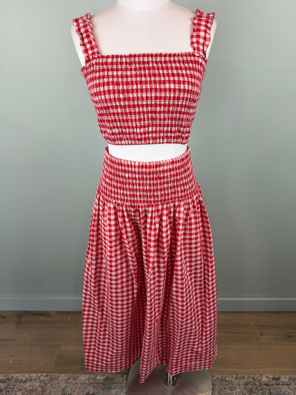 Industry Republic Red Gingham Smocked 2 piece crop & Maxi Skirt Cottagecore Med
